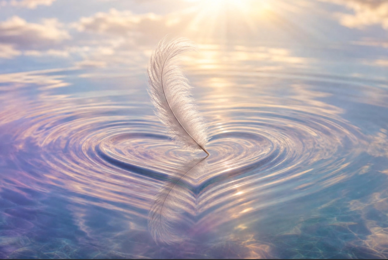 A soft white feather gently touches calm water, creating a heart-shaped ripple beneath heavenly golden light